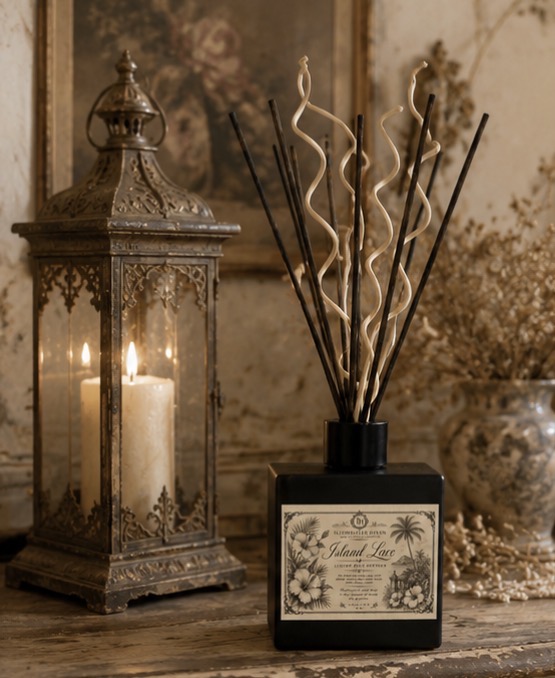 Island Lace Reed Diffuser beside an antique gothic brass lantern and toile vase of dried florals