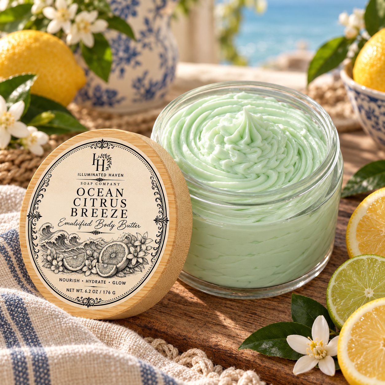 Mint-green Ocean Citrus Breeze emulsified body butter whipped and piped in a clear glass jar with an Illuminated Haven bamboo lid