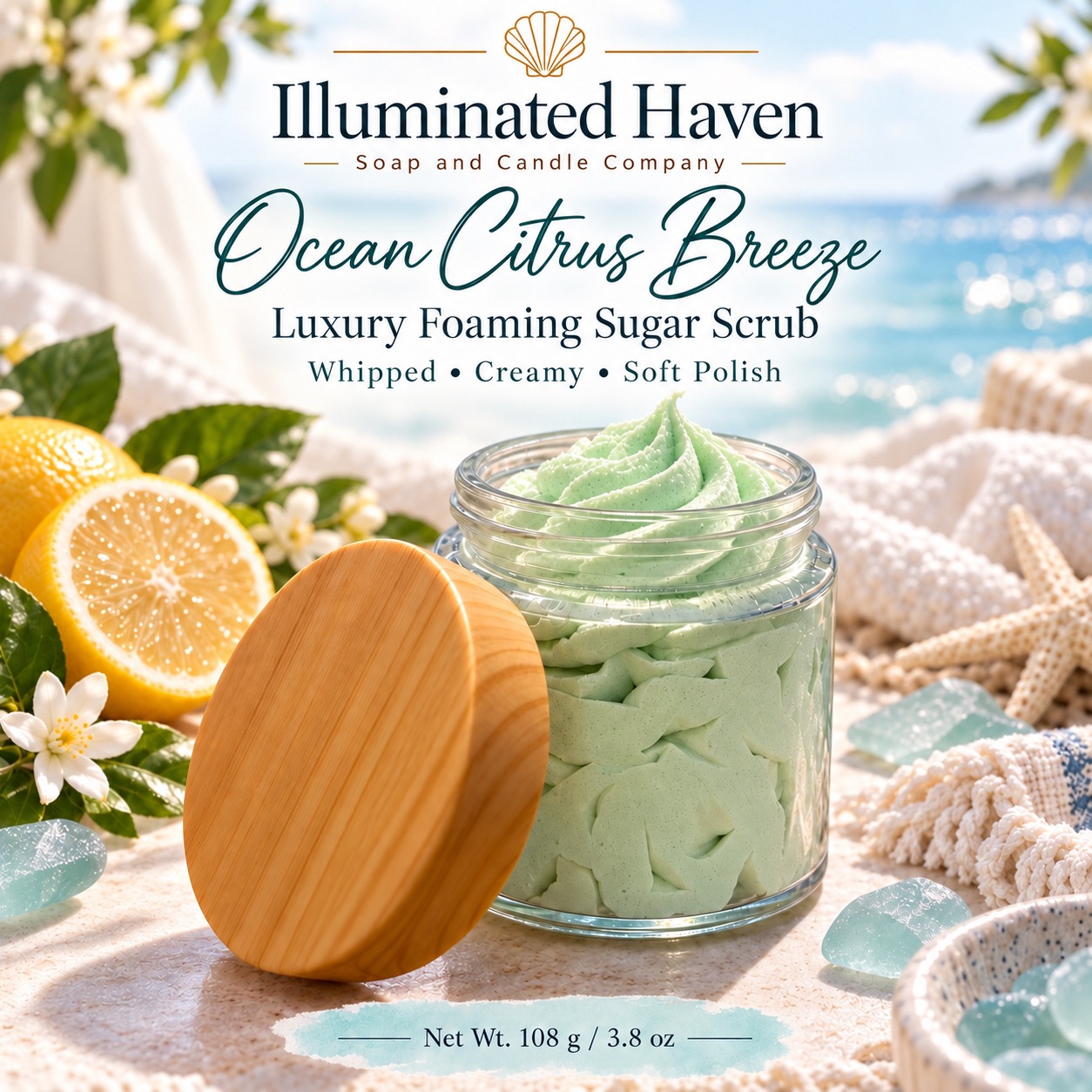 Ocean Citrus Breeze Whipped Foaming Sugar Scrub by Illuminated Haven in a glass jar with a wooden lid