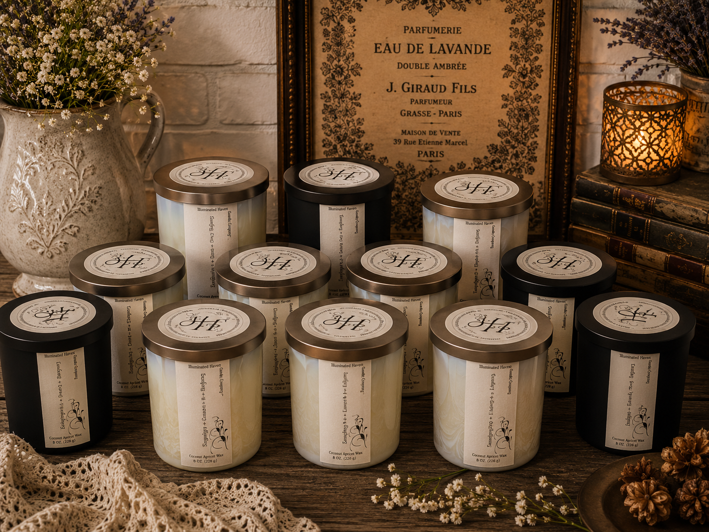 Illuminated Haven Soap and Candle Company Coconut Apricot Wax candle collection in a warm French-country inspired setting