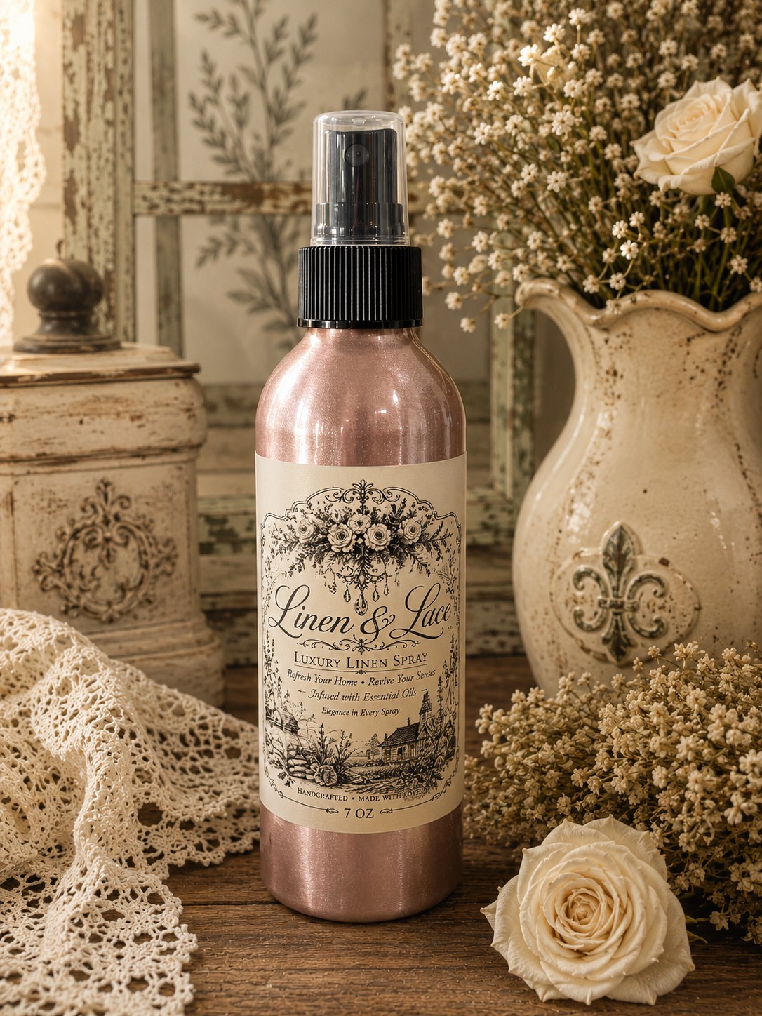 Linen & Lace Luxury Linen Spray beside a fleur-de-lis ironstone pitcher, dried florals and vintage lace