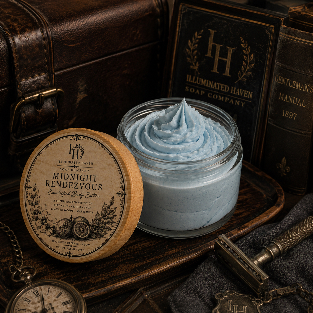 Midnight Rendezvous Emulsified Body Butter for the modern gentleman — bergamot, sage, leather, warm woods and soft musk
