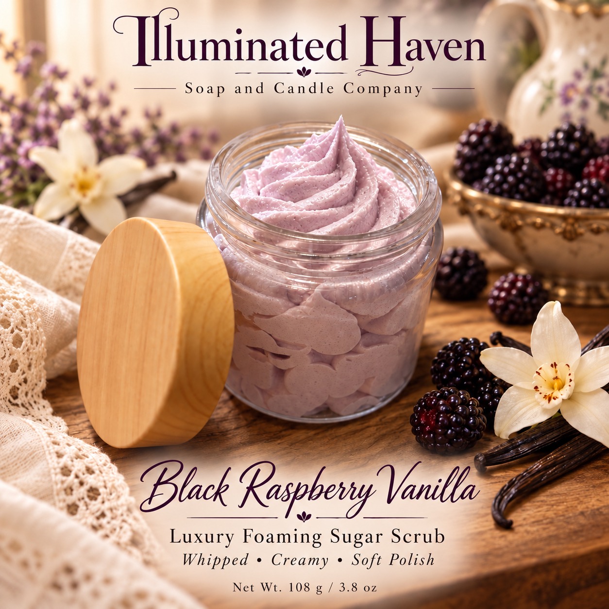 Black Raspberry & Vanilla Whipped Foaming Sugar Scrub by Illuminated Haven in a glass jar with a wooden lid