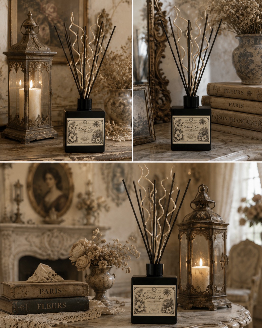 Island Lace Reed Diffuser lifestyle grouping across French Victorian styling scenes