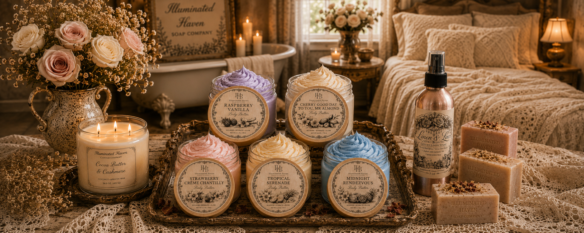 Illuminated Haven emulsified body butter collection — Raspberry Vanilla, Cherry & Almond, Strawberry Crème Chantilly, Tropical Serenade, and Midnight Rendezvous, styled with roses, lace and candlelight