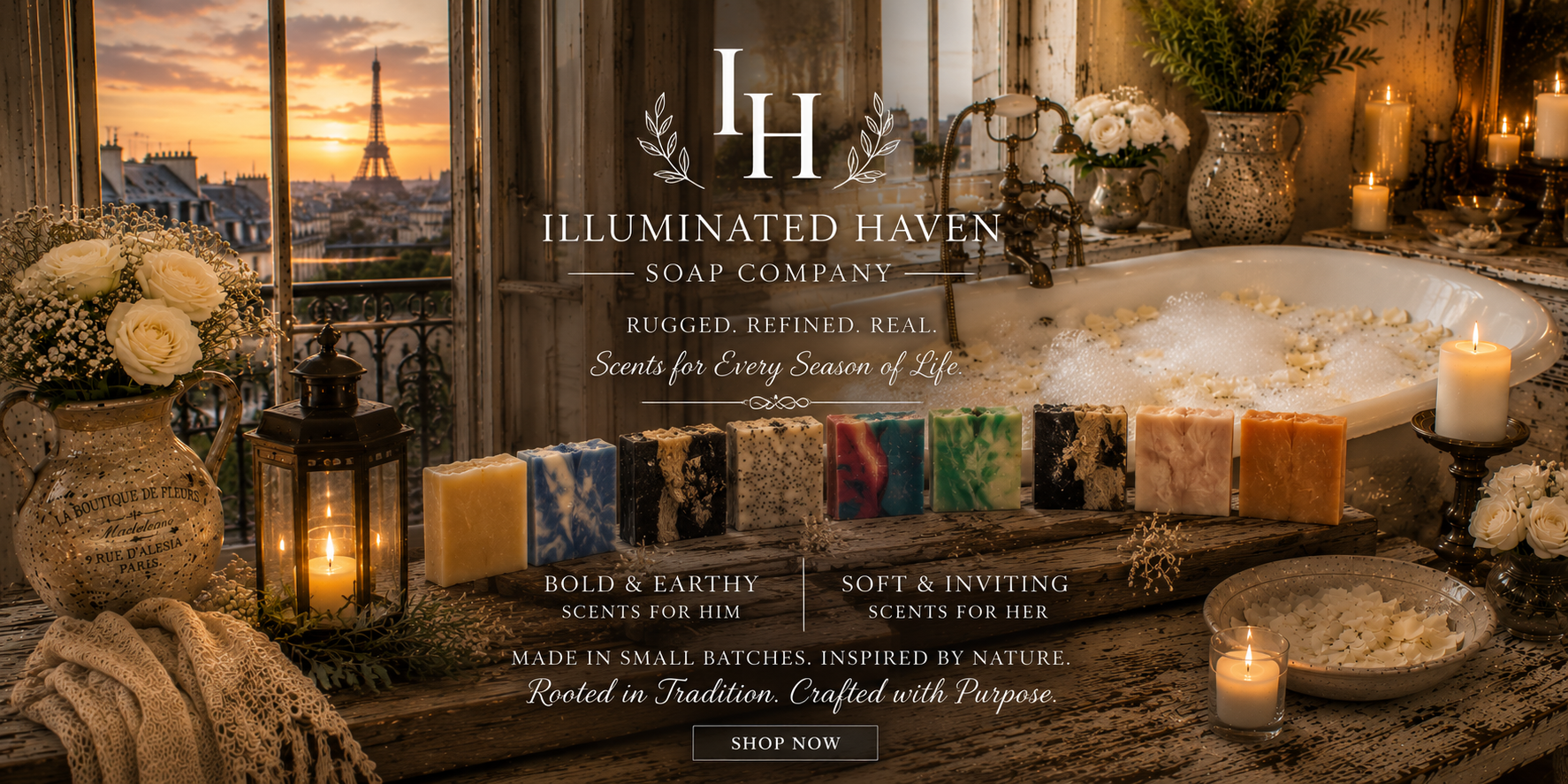 Handmade lavender soap bar on linen with botanicals