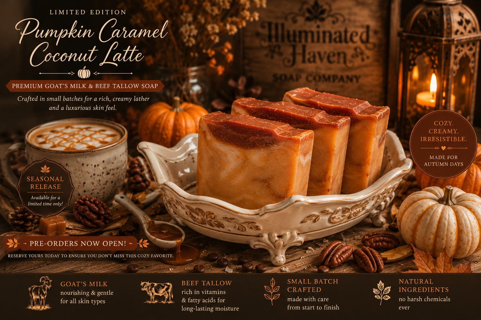 Small-batch Pumpkin Caramel Coconut Latte bars resting in a vintage ceramic dish
