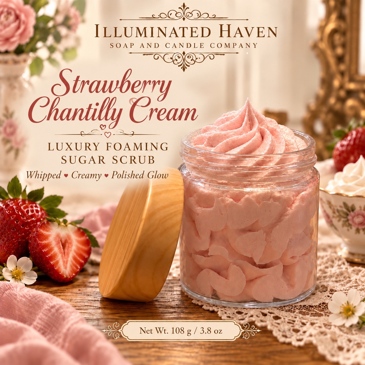 Strawberry Chantilly Cream Whipped Foaming Sugar Scrub by Illuminated Haven in a glass jar with a wooden lid