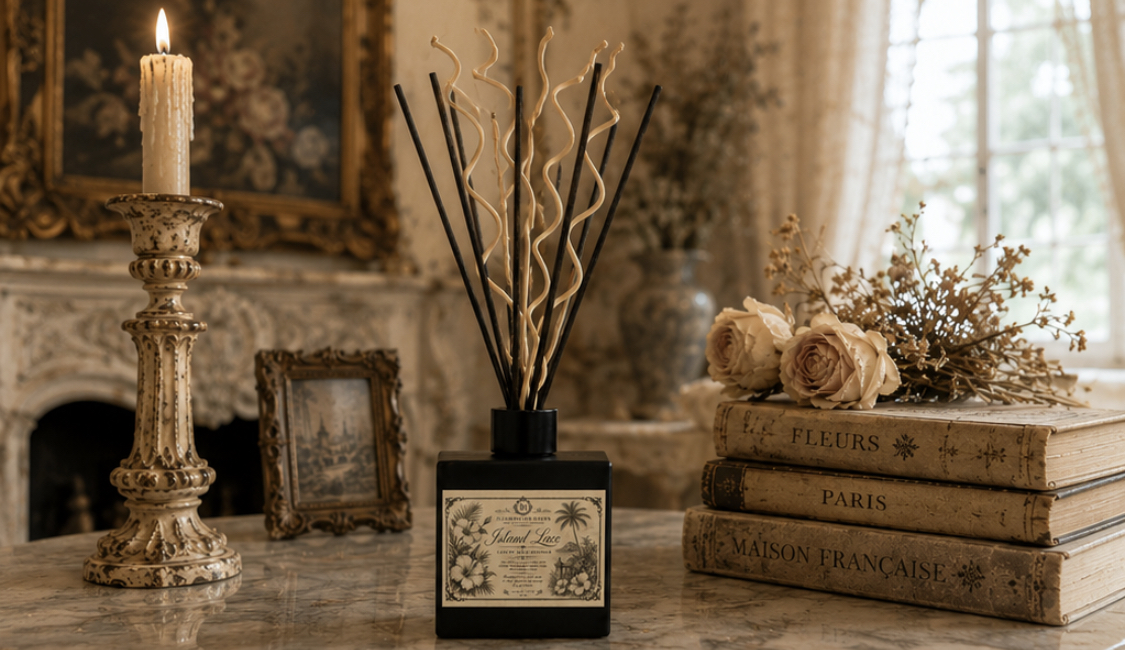 Island Lace Reed Diffuser styled with cream taper candle, gilded frame and dried roses in a French Victorian interior