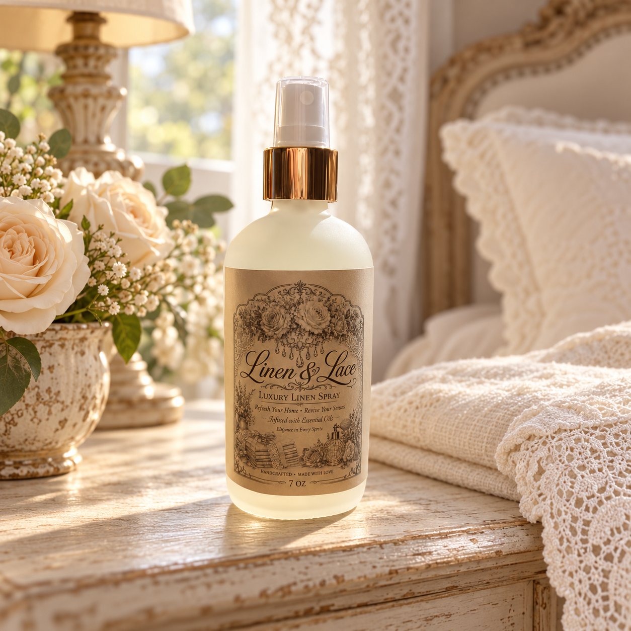 Linen & Lace 7 oz luxury linen spray on a sunlit vanity with ivory roses and lace