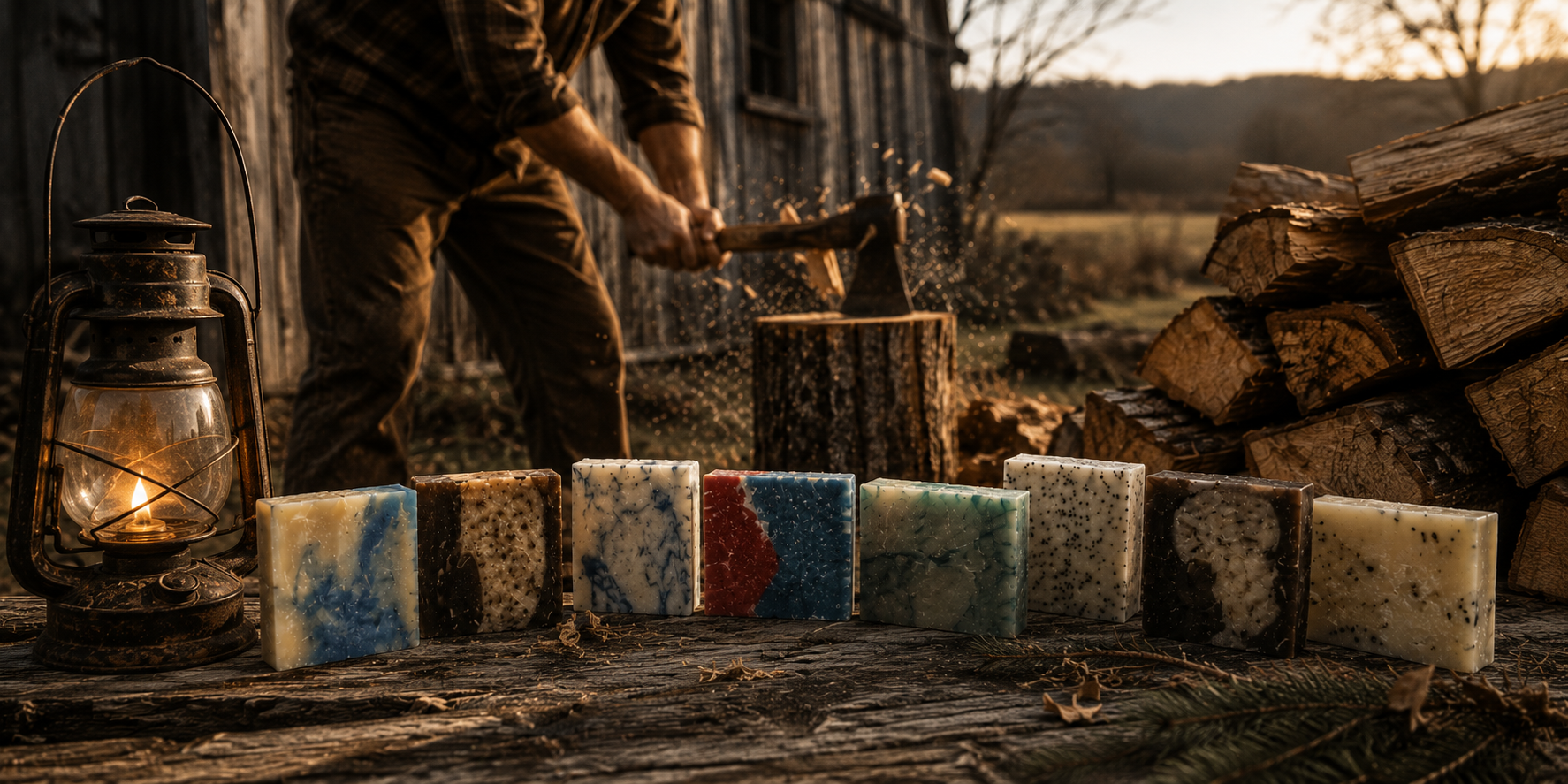 Handmade soap bars lined up at sunset beside an axe and lantern