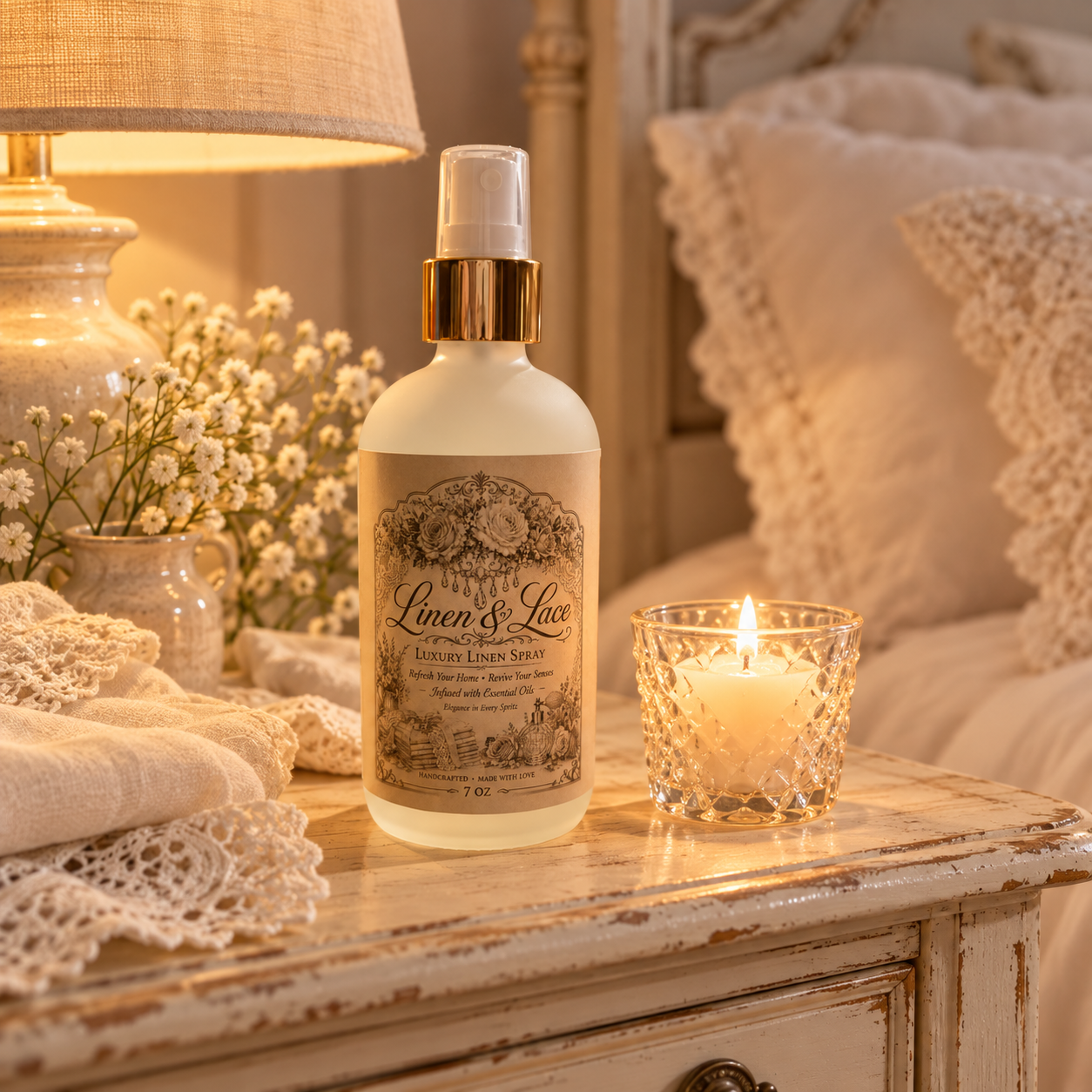 Linen & Lace 7 oz luxury linen spray beside a glowing candle in a French cottage bedroom