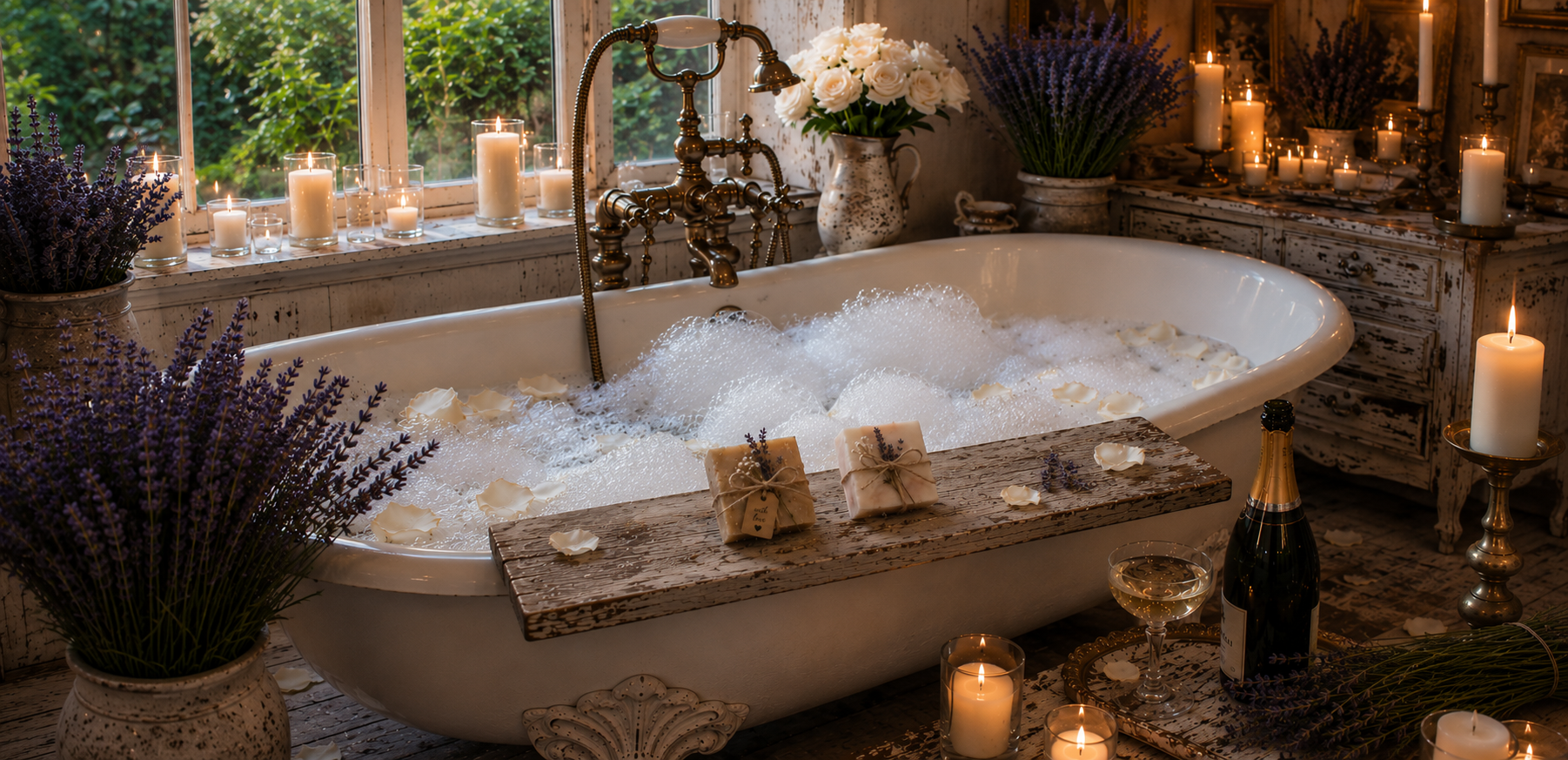 Two handcrafted soap bars on a rustic bath caddy with lavender, candles, and champagne