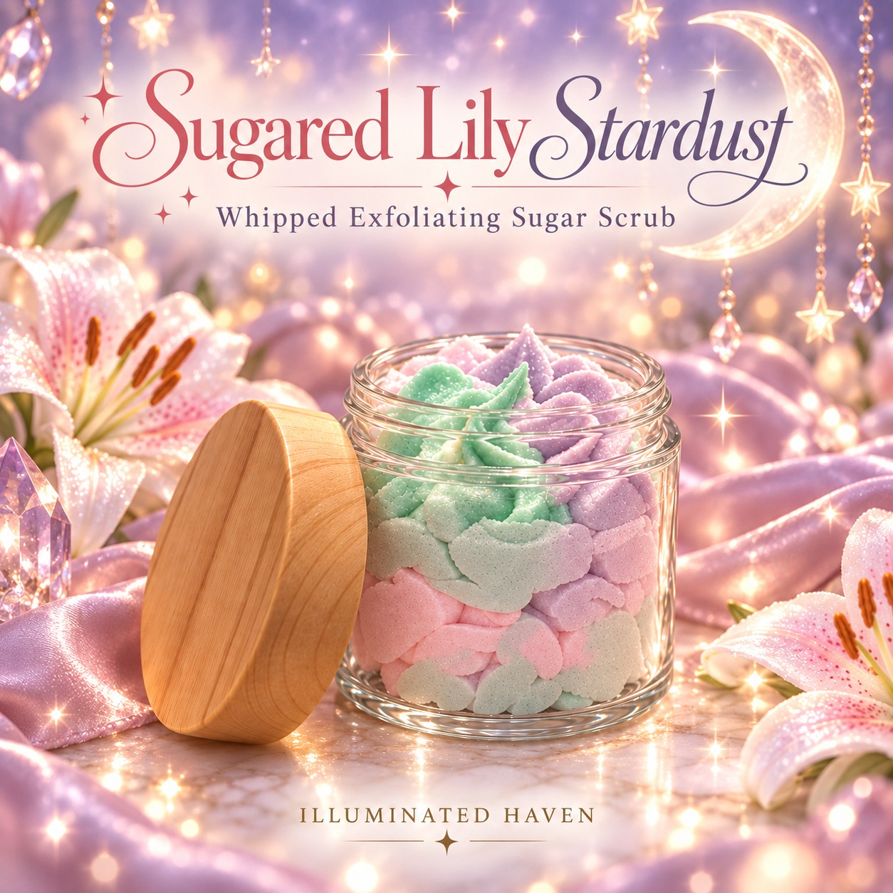 Sugared Lily Stardust Whipped Foaming Sugar Scrub by Illuminated Haven in a glass jar with a wooden lid