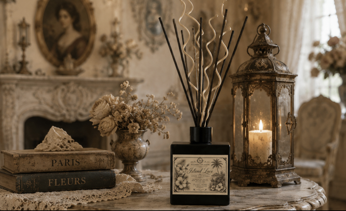 Island Lace Reed Diffuser on marble beside an antique brass lantern, silver urn of dried florals and Paris books
