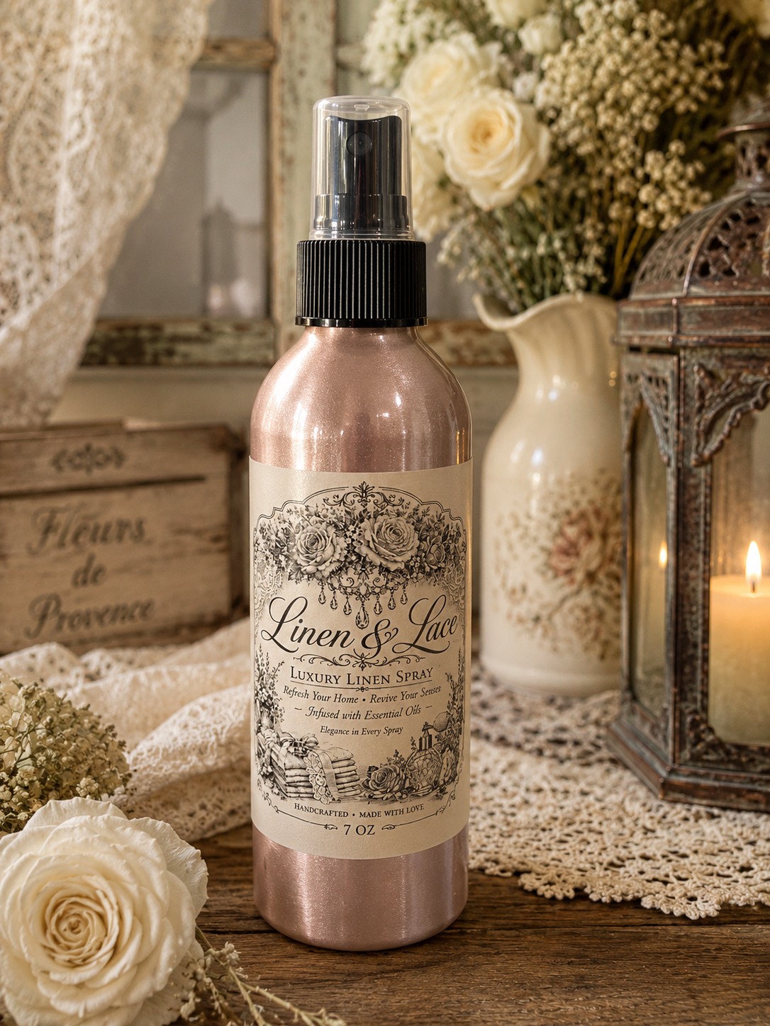 Linen & Lace Luxury Linen Spray rose gold bottle styled with cream roses, dried florals, Fleurs de Provence sign, vintage lace and an antique lantern