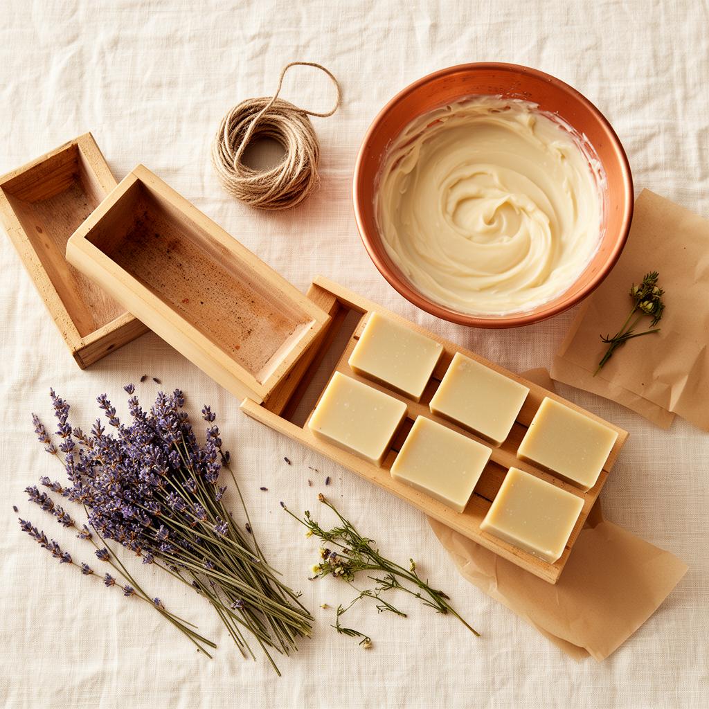 Atelier still life with soap molds, lavender, and curing bars