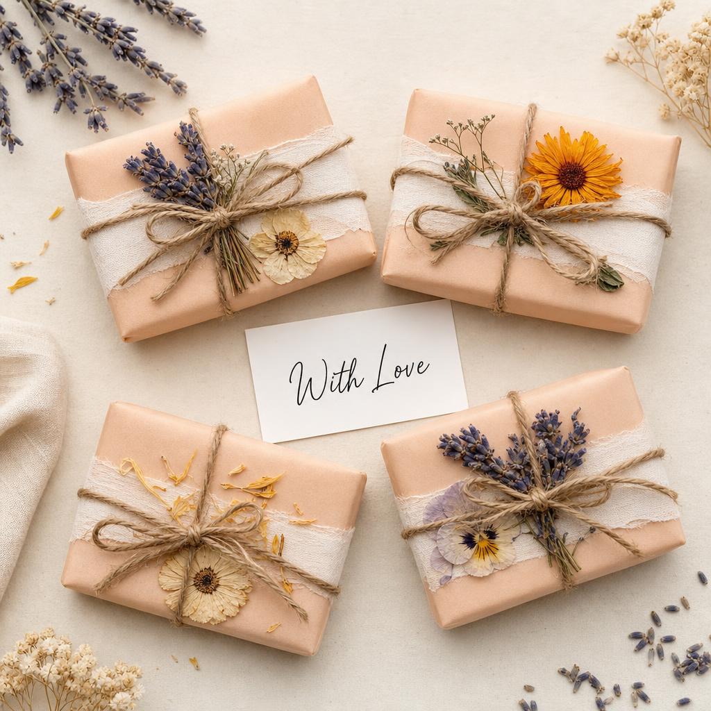 Four handcrafted soap bars wrapped with dried flowers and a handwritten note