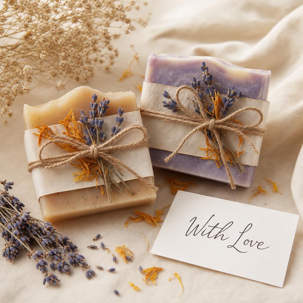 Two handcrafted soap bars wrapped with dried flowers and a handwritten note